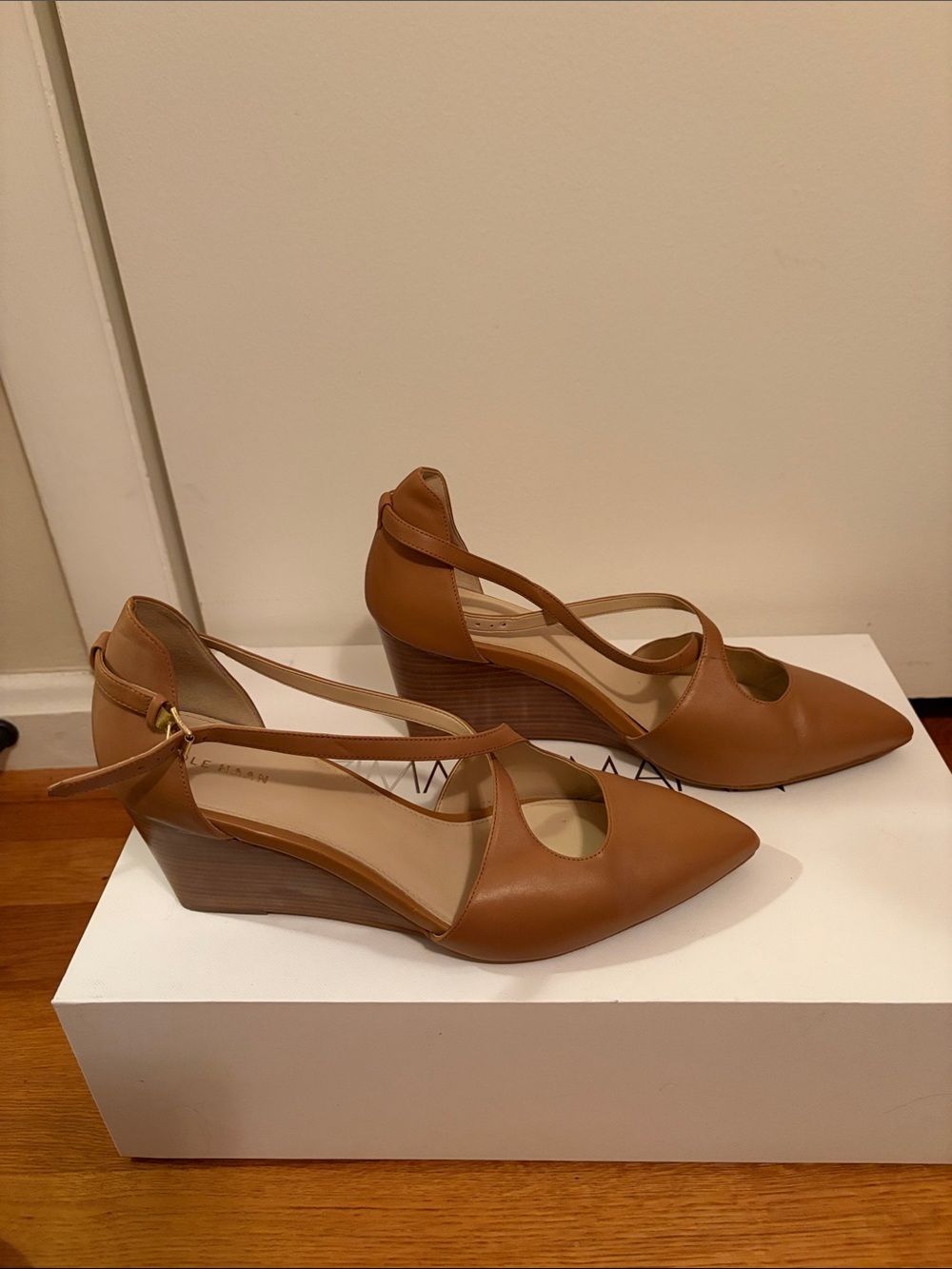Cole Haan Cognac Leather Pointed Wedge Sandals with Cross Straps